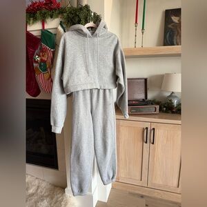 ALO Yoga Gray Cropped Hoodie and ALO Accolade sweatpant Set